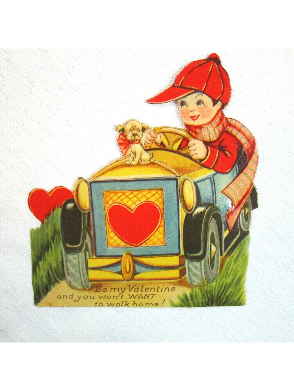 Vintage Valentine Die Cut Boy Driving with Puppy Dog Stand Up Germany 1920s-30s